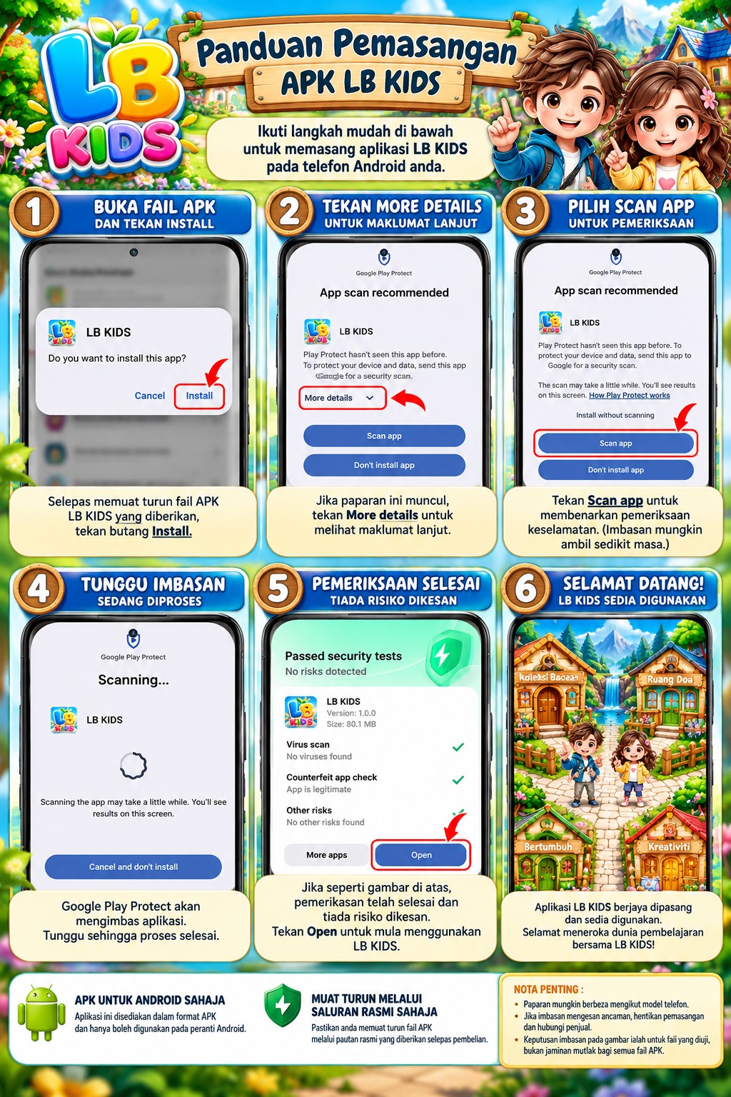 Panduan bergambar pemasangan APK LB KIDS dalam enam langkah