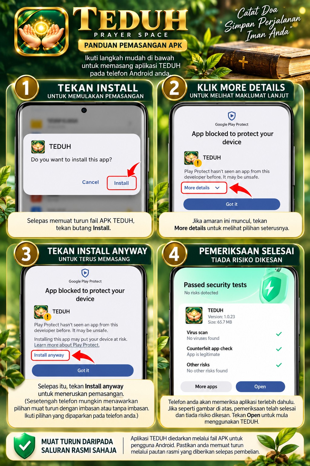 Panduan bergambar pemasangan APK TEDUH dalam empat langkah